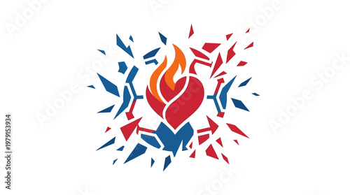 Abstract Heart With Flame And Shattered Background