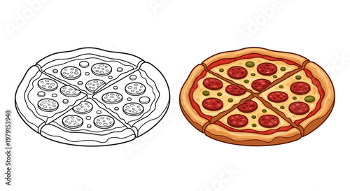 Pepperoni Pizza Outline and Full Color Illustration