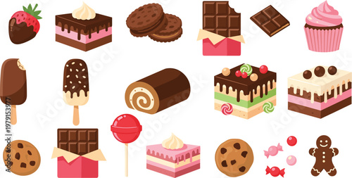 Chocolate dessert collection with cakes cookies candies cupcakes and sweets colorful vector illustration set isolated on white background