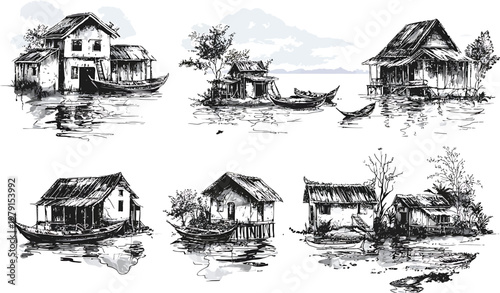 Collection of HandDrawn Sketches of Floating Houses and Boats on Water.