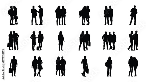 A collection of black silhouettes depicting diverse groups of people interacting walking and standing together high quality professional detailed modern elegant