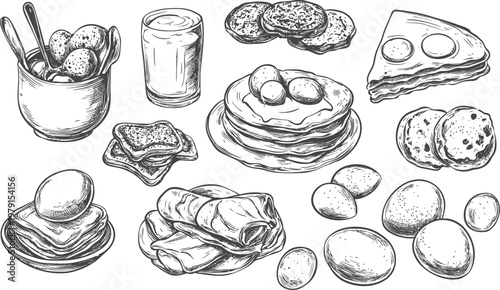Delicious Breakfast Food Assortment Sketch.