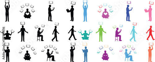Set of human silhouette figures in various emotion and reaction poses with solid fill shapes, minimal flat vector collection