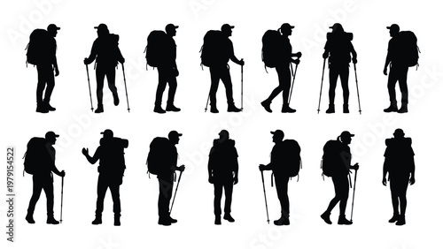 A collection of black silhouettes depicts hikers with backpacks and trekking poles in various walking poses high quality professional detailed modern