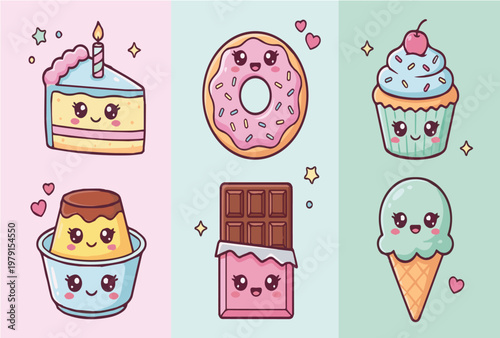 Kawaii Donut and Chocolate Dessert Characters Set Pastel Style