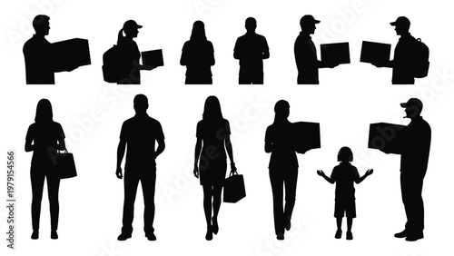 A collection of silhouette figures including adults and a child depicted carrying various boxes and shopping bags high quality professional detailed