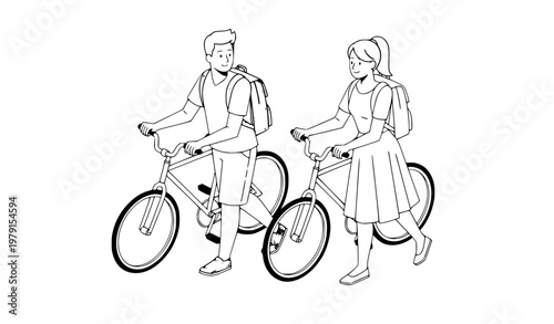 Isometric high school students pushing bicycles in summer male and female teen lifestyle vector isolated on white background