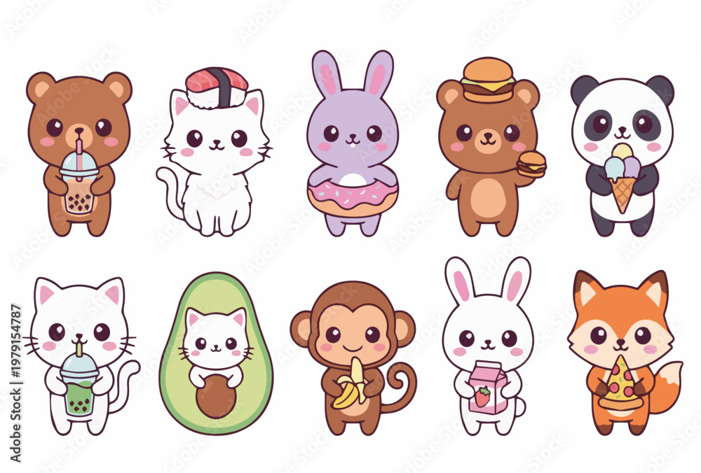 Fototapeta premium Adorable kawaii animal character collection featuring bunny, bear, monkey, and cat in pastel tones, perfect for kids products and sticker packs.