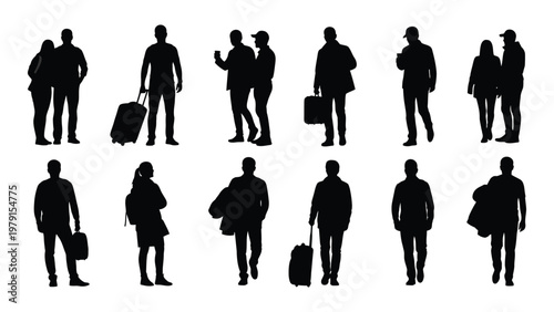 A collection of black silhouettes depicting diverse people mostly couples carrying luggage or bags suggesting travel high quality professional detailed modern