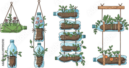 Vertical Garden Ideas with Recycled Plastic Bottles Hanging Planters DIY Urban Gardening Eco Friendly Flat Vector Illustration Set