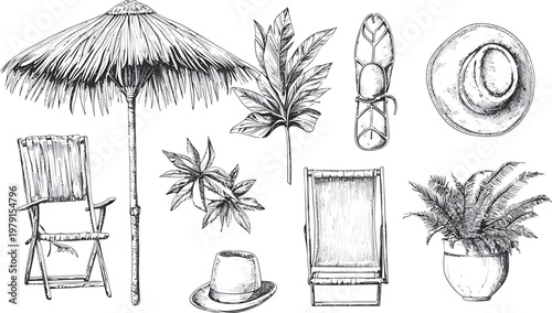 Handdrawn sketch of beach vacation essentials and tropical plants.