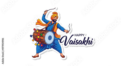 A vibrant vector illustration features a Sikh man playing a dhol drum against a clean white background, celebrating the happy Vaisakhi festival with traditional Punjabi cultural elements