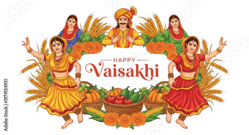 Vaisakhi festival design featuring illustrations of dancing women and a man in traditional Punjabi attire surrounded by wheat stalks and marigolds, conveying a vibrant and joyful mood