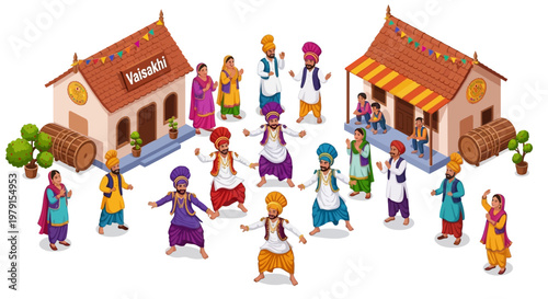 Isometric vector illustration showing a joyous Vaisakhi festival celebration with traditionally dressed Punjabi people dancing near decorated houses, conveying a cheerful and festive mood