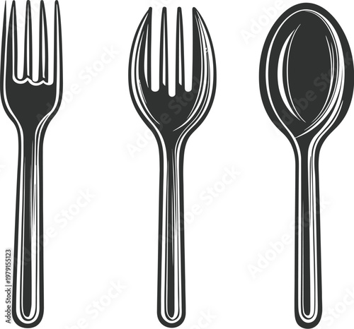Set of Three Vintage Style Forks and Spoon Illustration.