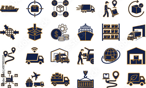 Premium navy and gold colour logistics supply chain management icons set for delivery services and inventory control on transparent background