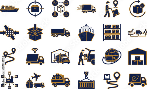 Luxury navy and gold colour logistics supply chain management icons set for delivery services and inventory control on transparent background