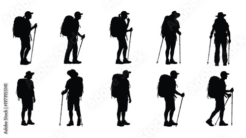 A collection of black silhouettes depicts hikers with backpacks and trekking poles in various walking poses high quality professional detailed modern