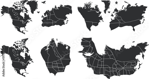 Set of World Maps Divided into Continents and Regions.