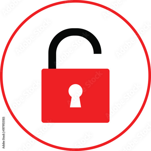 Red padlock with open shackle, white keyhole, in red circle on white background, open lock