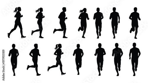 A collection of black silhouettes depicts diverse people actively running showcasing movement and athleticism in a unified scene high quality professional