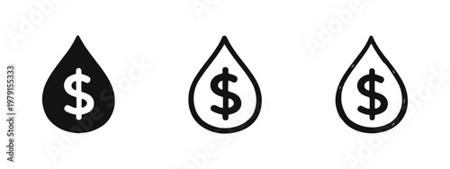 Money Loss Dollar Sign Teardrop Icon Set, Financial Cost Expense, Liquid Asset Funding Oil Price Glyph Pictogram Bundle