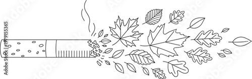 Minimalist line art illustration showing a cigarette transforming into autumn leaves to symbolize health awareness and positive life style changes