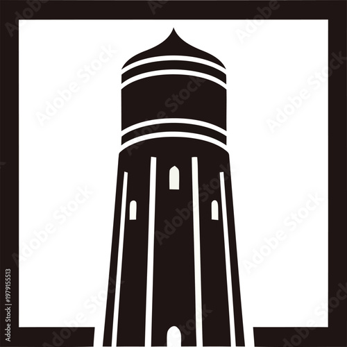 A tall tower stands alone in a landscape illustration.