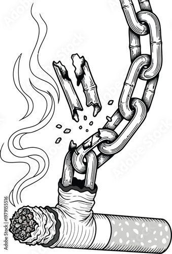 Broken metal chain attached to a burning cigarette representing the difficult struggle of quitting a persistent and harmful smoking addiction