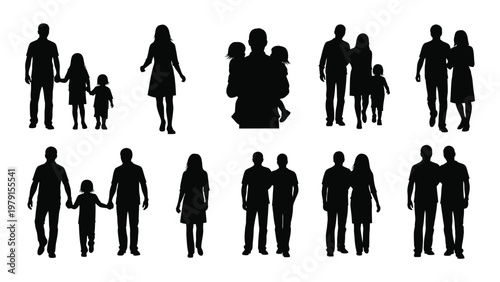 A collection of black silhouette figures depicts diverse family groupings showcasing parents children and couples together high quality professional detailed modern
