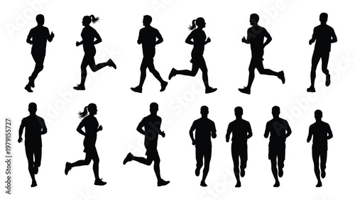 A collection of black silhouettes depicts diverse people actively running or jogging showcasing movement and physical activity high quality professional detailed