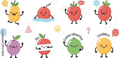 Cute Fruit Character Icon Set Featuring Emotions Like Shy, Confident, Tense, Curious, and More for Fun and Expressive Designs