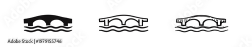 Arch bridge over water icons collection. Various styles including solid, outline, and hand-sketched designs.