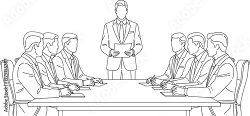 Executive presenting report to board members in formal meeting setting representing leadership briefing corporate governance and strategic decision making illustration.eps