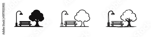 Εκτύπωση καμβά Park scene with bench, tree, and lamppost icons