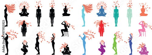 Set of human silhouette figures with winged angel elements in various poses with solid fill shapes, minimal flat vector collection