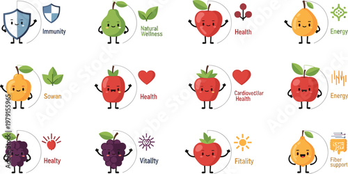 Healthy Fruit Character Set Featuring Immunity, Energy, Vitality, Fiber Support, and Wellness for Nutrition and Health Designs