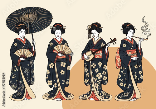 Japanese Geisha Illustration Set: Traditional Ukiyo-e Style Characters in Kimono with Shamisen, Folding Fan, and Umbrella
