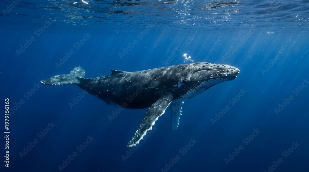 Fototapeta premium Majestic Humpback Whale Gliding Gracefully Through the Deep Blue Ocean Waters.