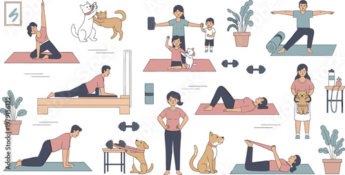 Mega bundle of people doing home workout yoga and pilates exercises with pets and family members in flat line art style vector illustration set for healthy lifestyle.