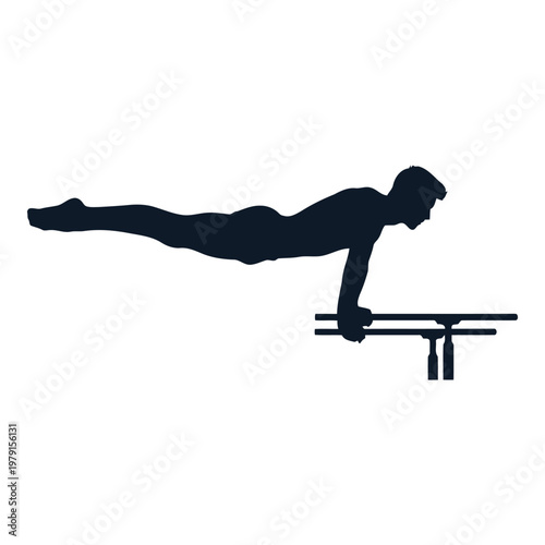 A gymnast performs a flawless handstand maneuver on parallel bars demonstrating immense strength and balance vector on white background