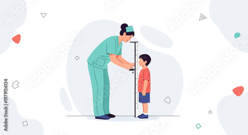 Nurse measuring child's height on a measuring scale, healthcare concept