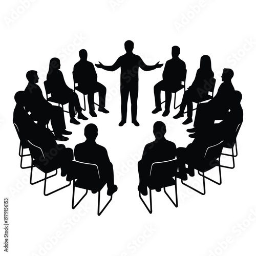 A silhouetted group of diverse people sitting in chairs forming a circle around a central speaker gesturing welcomingly during a meeting or presentation vector on white background