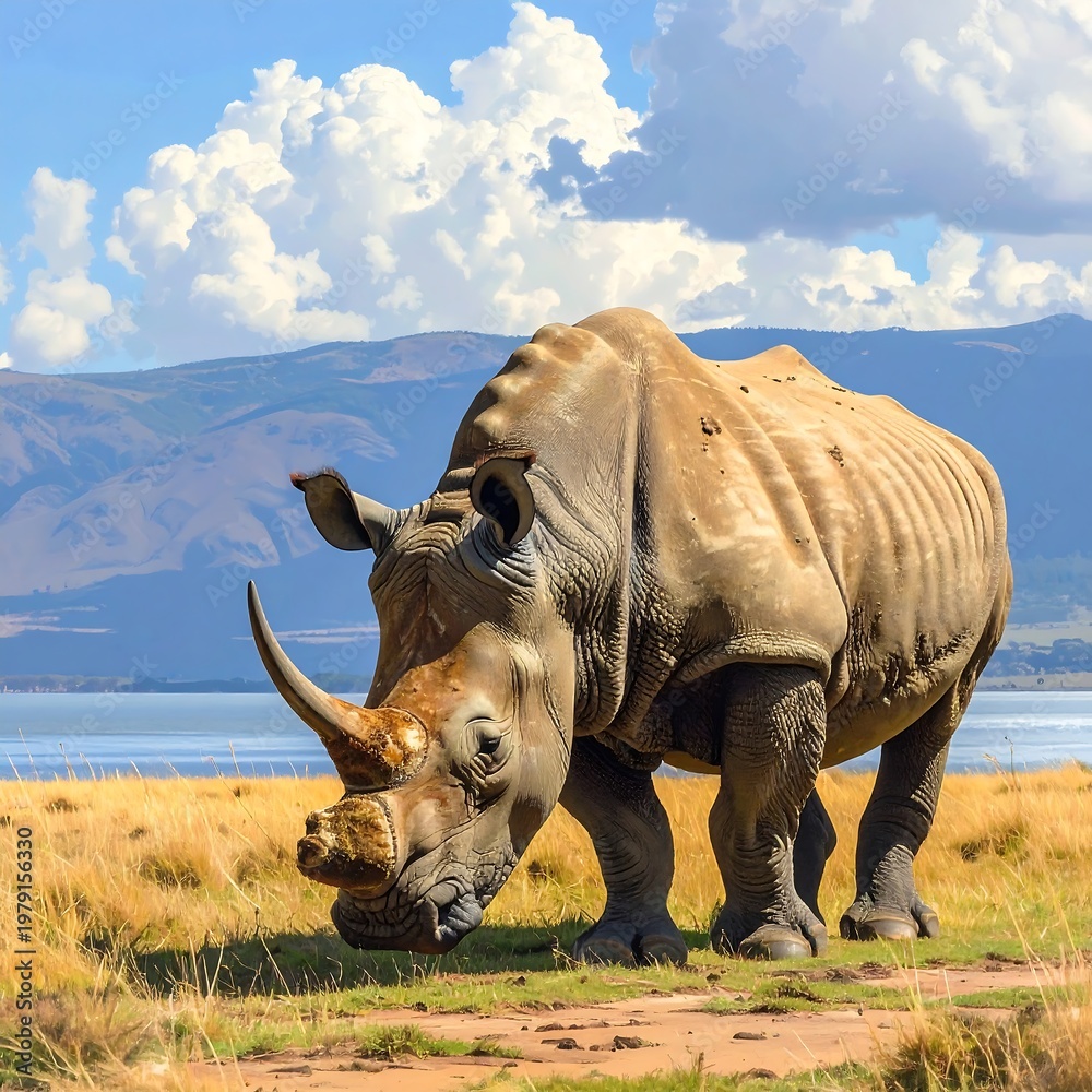 Fototapeta premium A large rhinoceros grazes peacefully in a grassy field by a lake