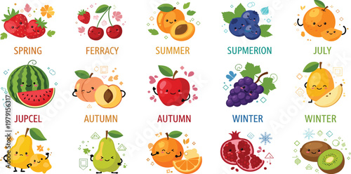 Tableau sur toile Seasonal Fruit Icon Set Featuring Spring, Summer, Autumn, and Winter Fruits with