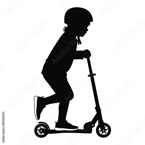 Child riding scooter silhouette in casual outdoor activity pose vector on white background