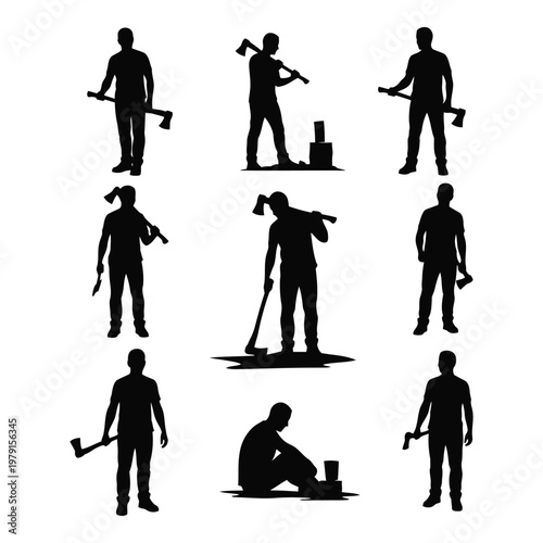 Collection of male silhouettes with axes engaged in various logging and woodcutting activities vector on white background