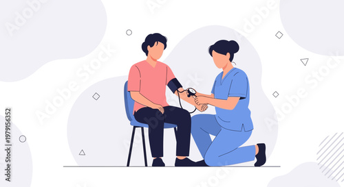 Nurse checking patient's blood pressure, medical checkup, healthcare concept