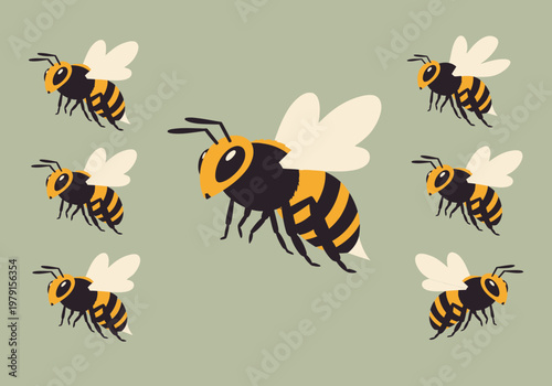 Flat Vector Illustration of a Queen Bee and Worker Honeybees Swarming on a Solid Background