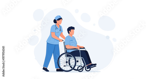 Nurse pushing patient in wheelchair, medical care, healthcare, hospital assistance, support